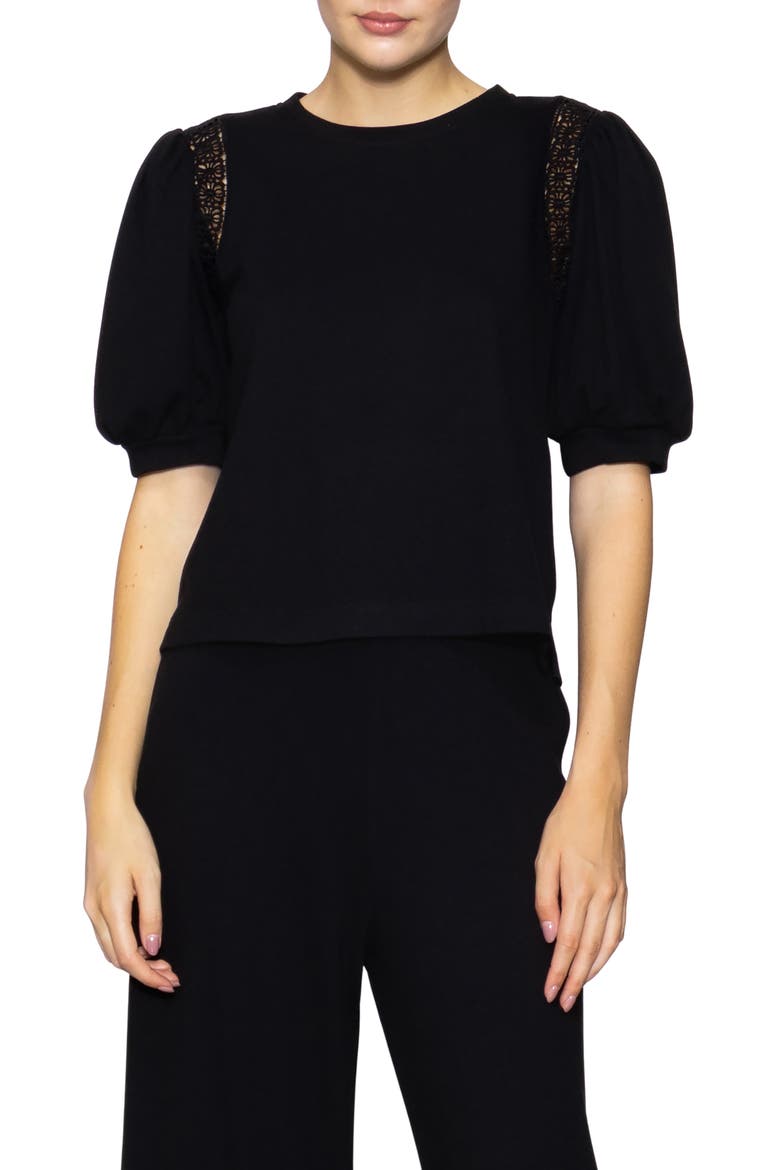 Lace Inset Puff Sleeve Top, Main, color, BLACK