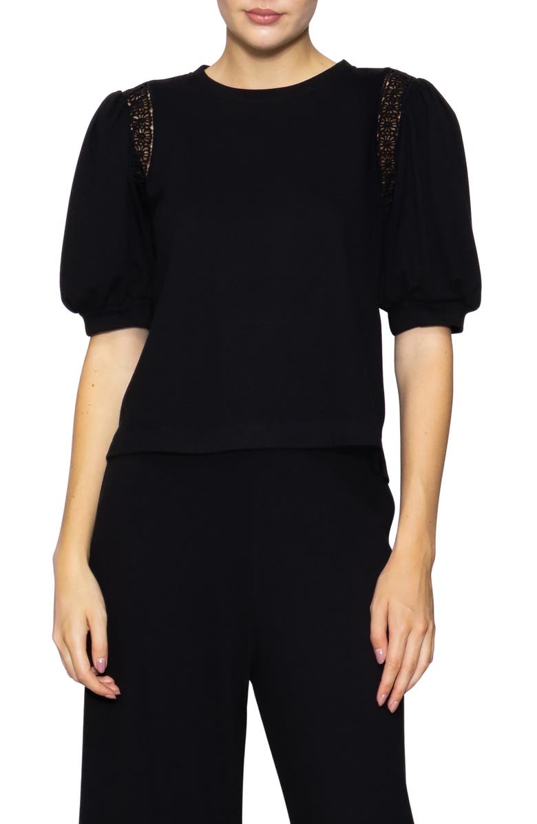 MELLODAY Lace Inset Puff Sleeve Top, Main, color, Black