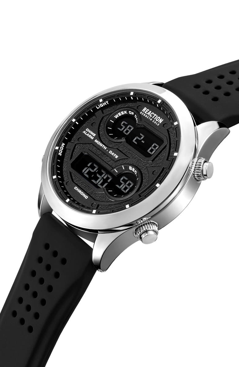Kenneth Cole Reaction Silicone Strap Digital Watch, 47mm, Alternate, color, Black