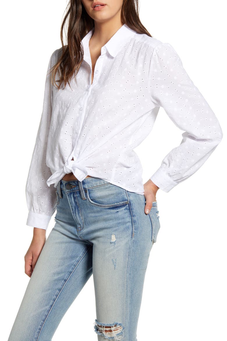 Eyelet Front Button Shirt, Main, color, WHITE