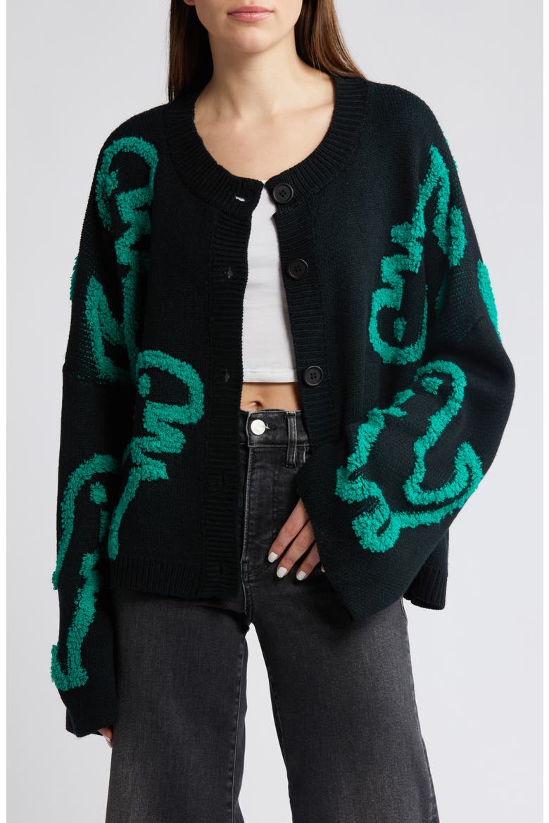 Rawr T-Rex Jacquard Cardigan, Main, color, BLACK