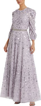 Mac Duggal Women's Floral Applique Puff Sleeve High Neck A-Line Gown