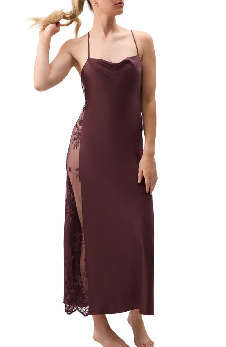 Rya Collection Darling Satin & Lace Nightgown, Alternate, color, Truffle