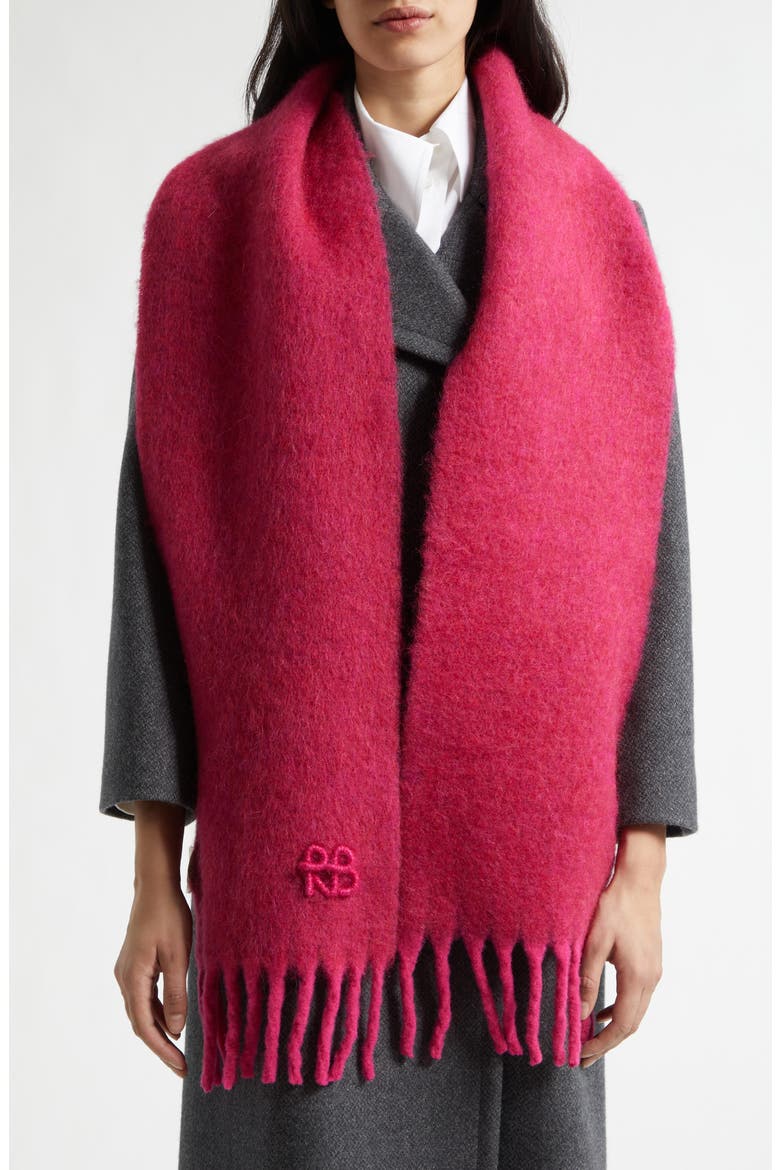Monogram Embroidered Wool Blend Fringe Scarf, Alternate, color, PINK