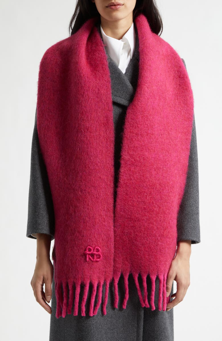 Ruslan Baginskiy Monogram Embroidered Wool Blend Fringe Scarf, Alternate, color, Pink