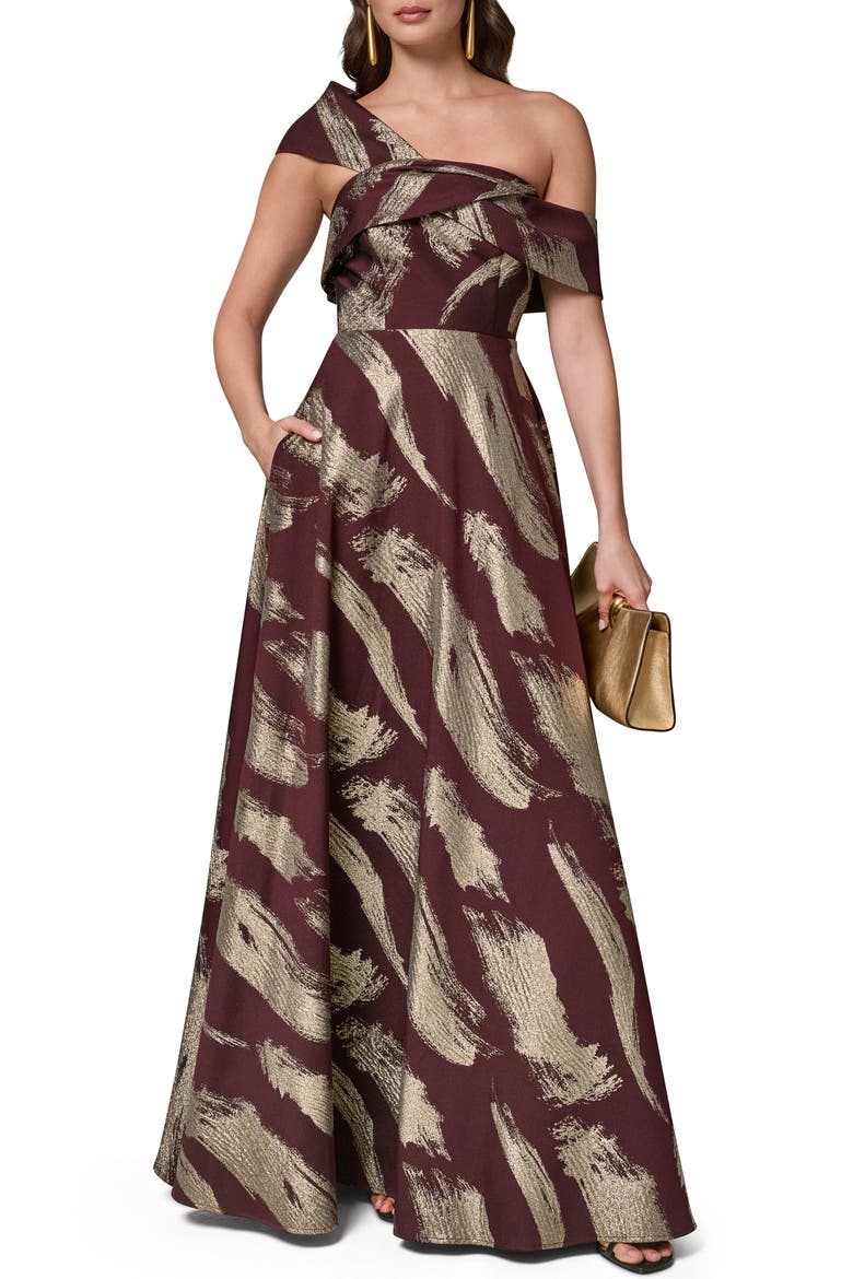 Metallic Abstract Print One-Shoulder Gown, Alternate, color, PRUNE/ PALE