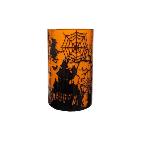 Haunted House Orange & Black Tall Glass Decorative Container 8"