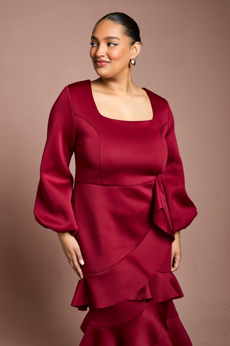 Plus Square Neck Ruffle Hem Midi Dress, Alternate, color, Berry