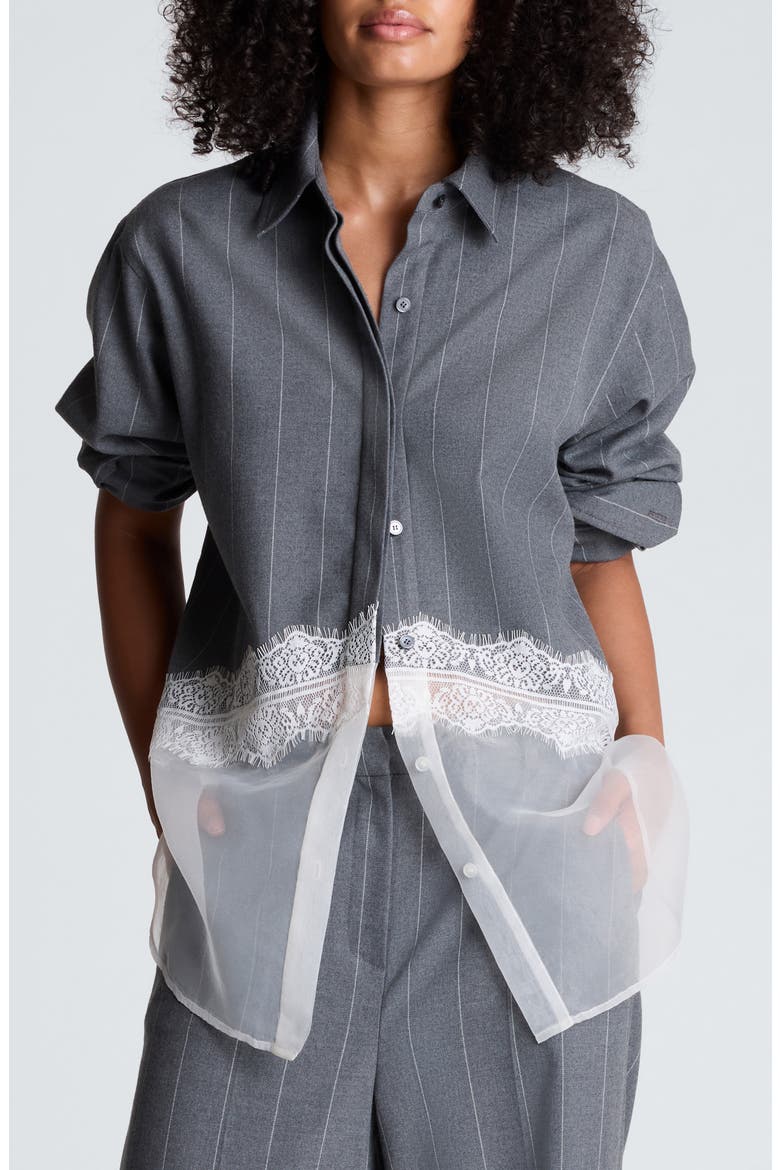 Pinstripe Lace Trim Oversized Button Front Shirt, Main, color, MED HEATHER GREY / WHITE