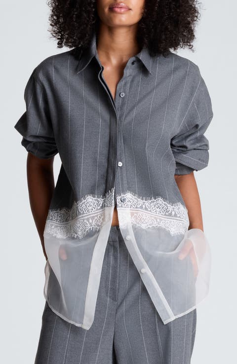 Pinstripe Lace Trim Oversized Button Front Shirt