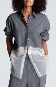 Kenneth Cole Collection Pinstripe Lace Trim Oversized Button Front Shirt
