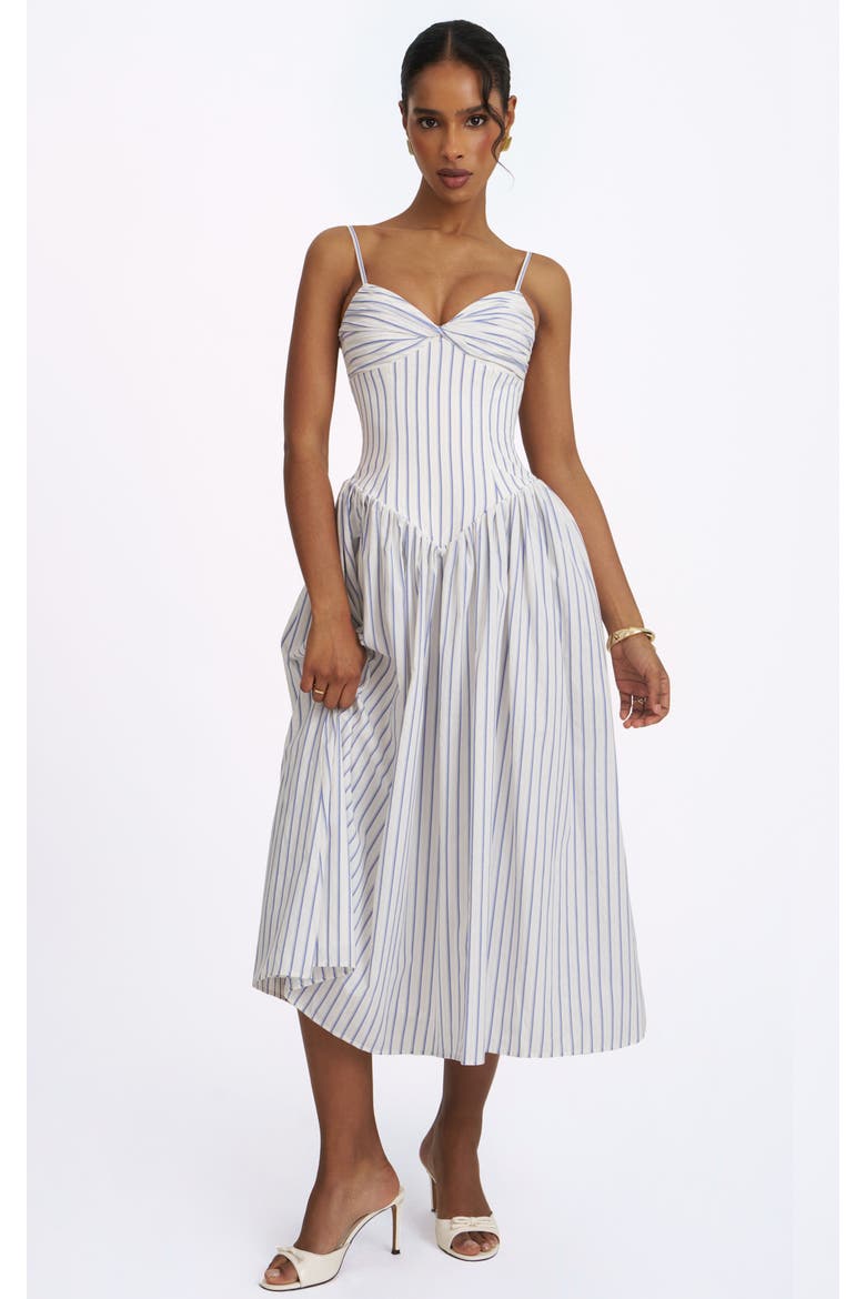 Olea Striped Cotton Poplin Ruched Midi Dress, Main, color, Sky Blue