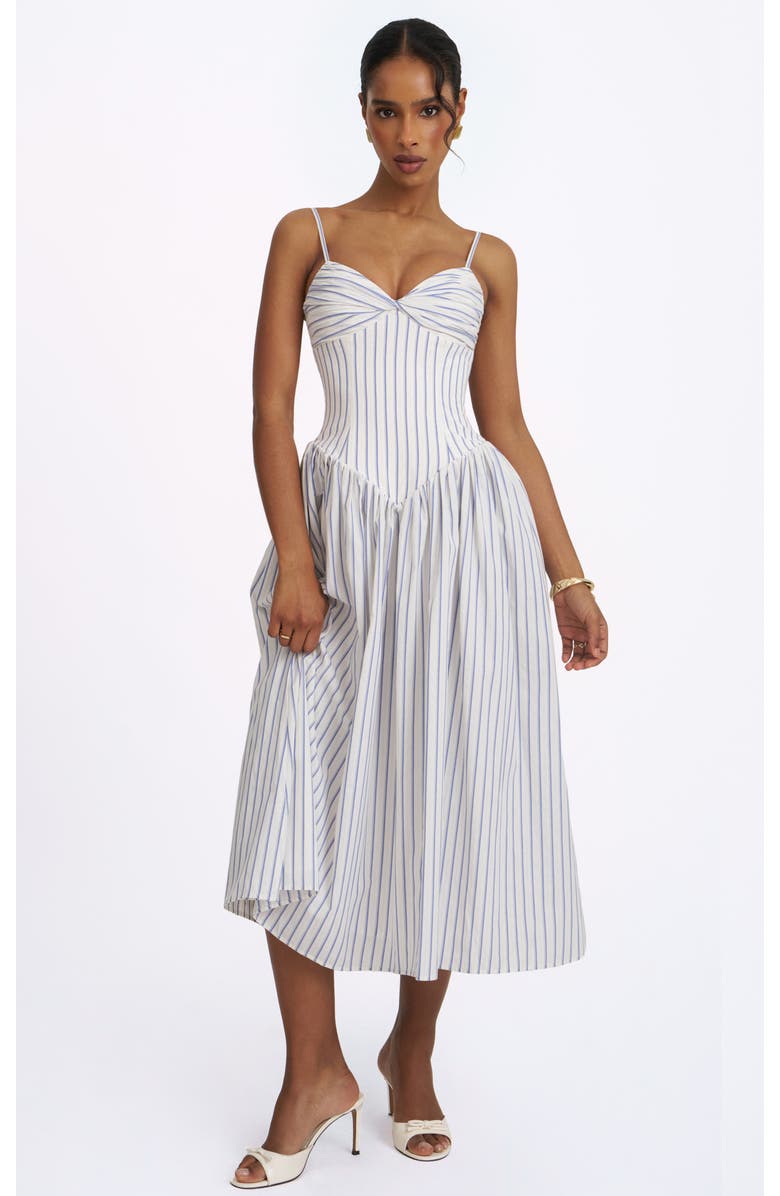 Miss Circle Olea Striped Cotton Poplin Ruched Midi Dress, Main, color, Sky Blue