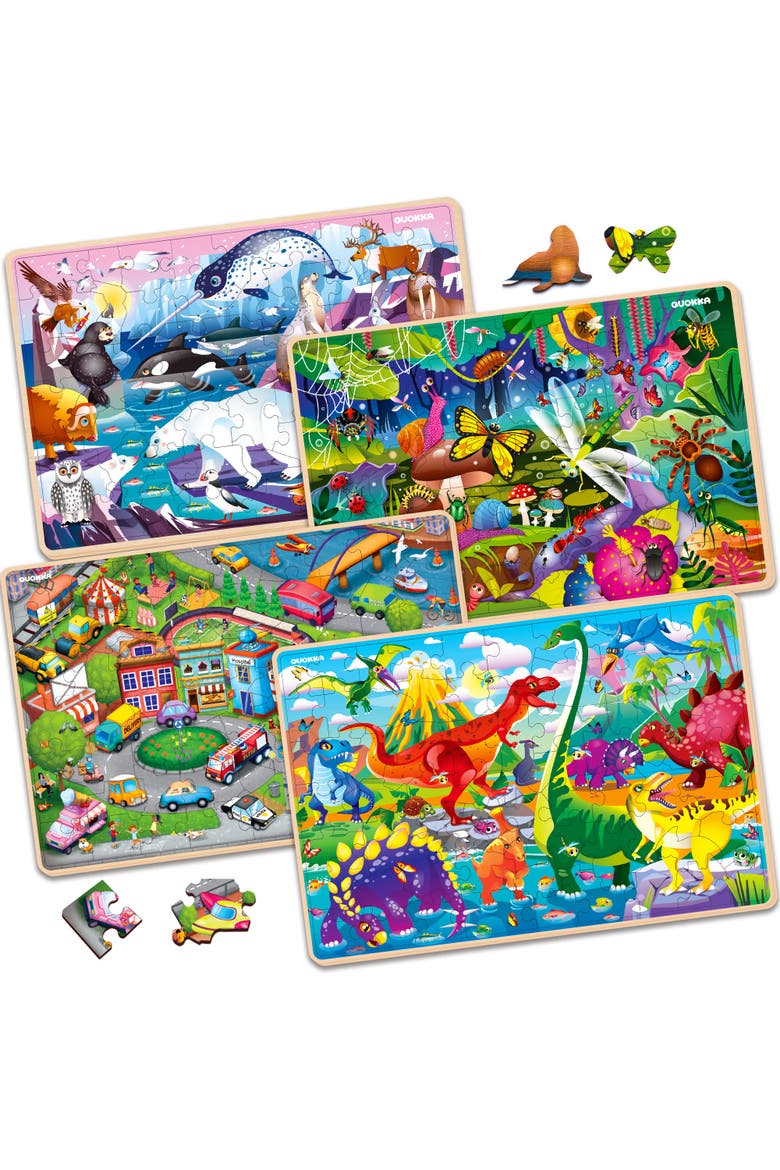 4x60 Piece Kids Wooden Jigsaw Puzzles, Alternate, color, Animals Dino City Bugs