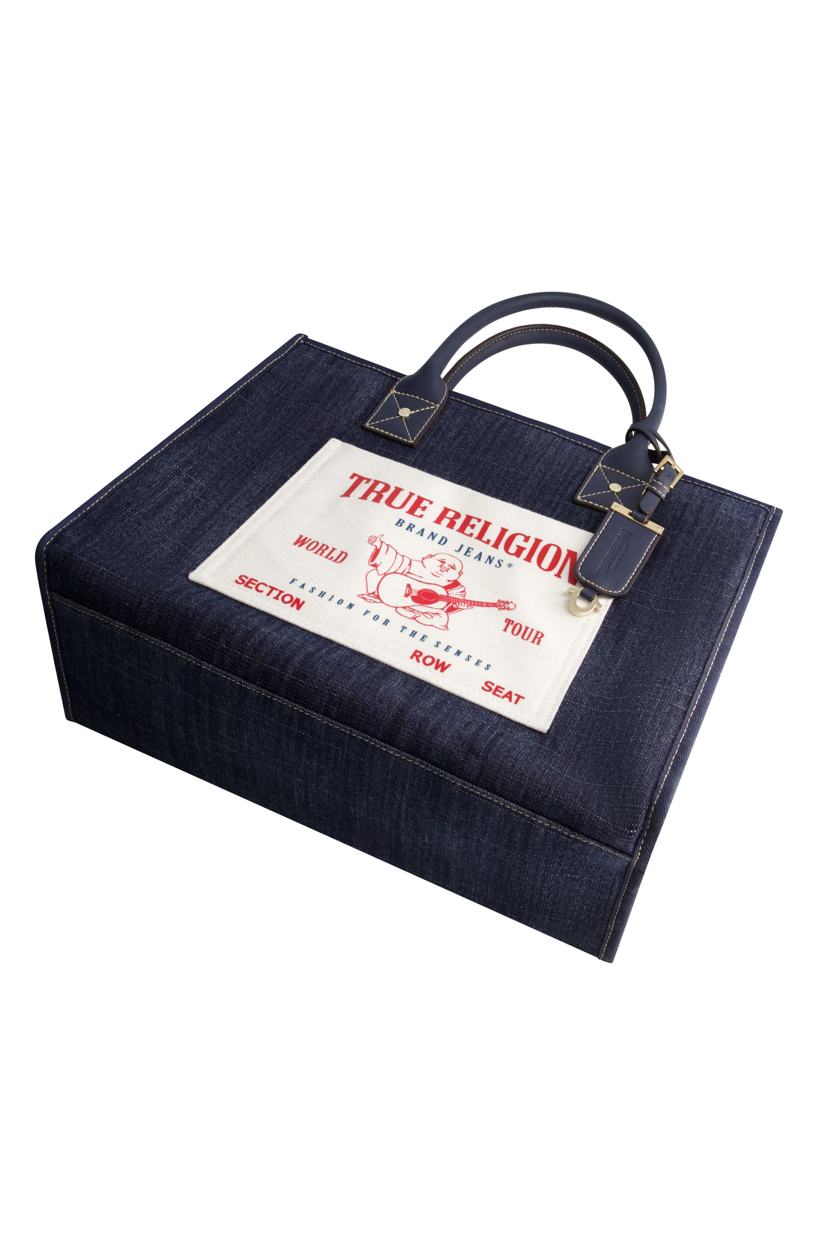 USPA ACCESSORIES Buddha Pocket Denim Tote Bag, Alternate, color, Dark Denim