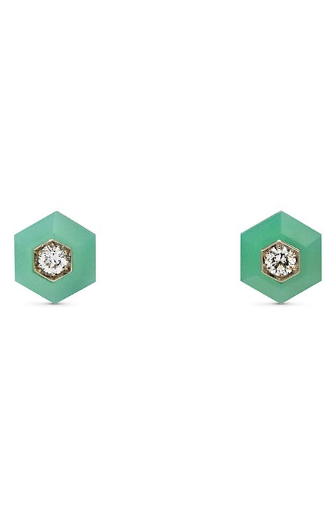 Signed Fred Leighton Chrysoprase & Diamond Hexagon Stud Earrings