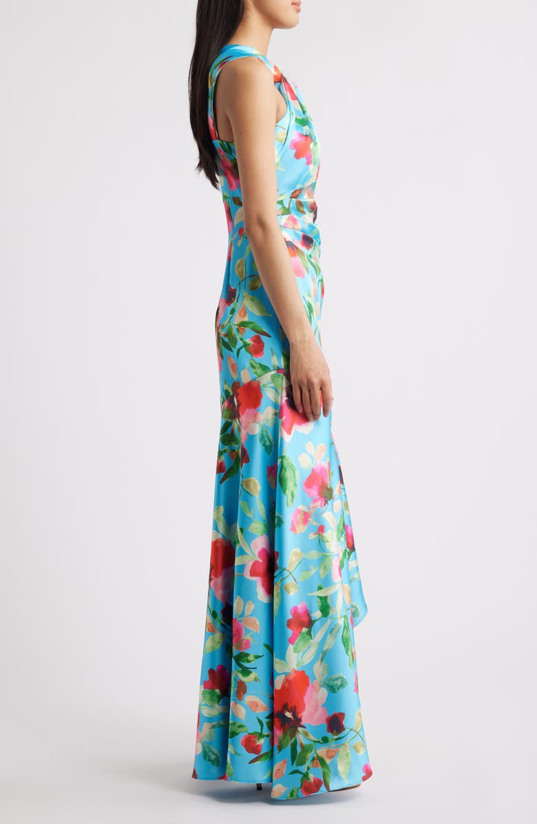 Eliza J Floral Print Twist Neck Gown, Alternate, color, Aqua