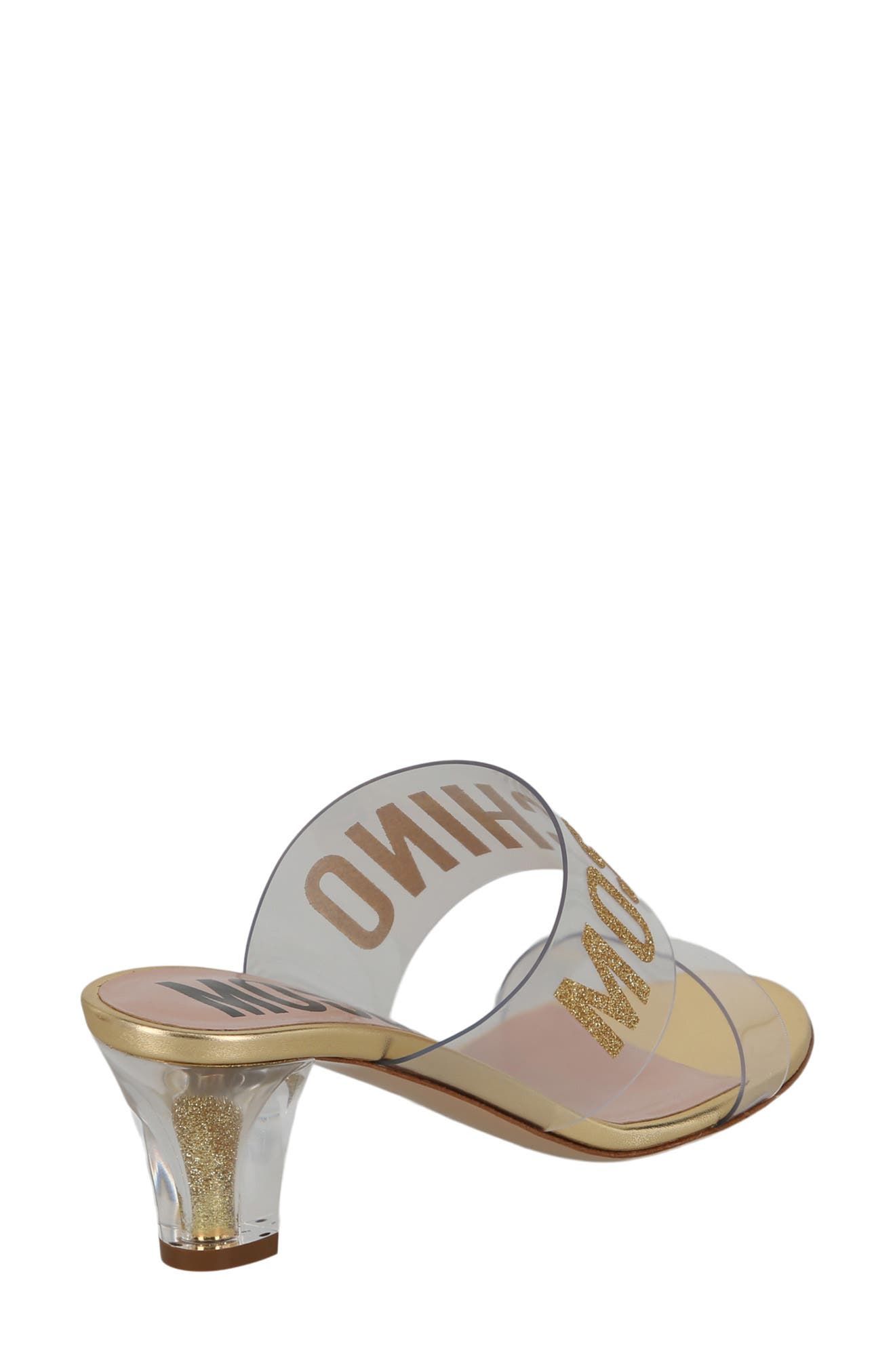 Moschino Logo Clear Strap Sandal, Alternate, color, Transparent Gold