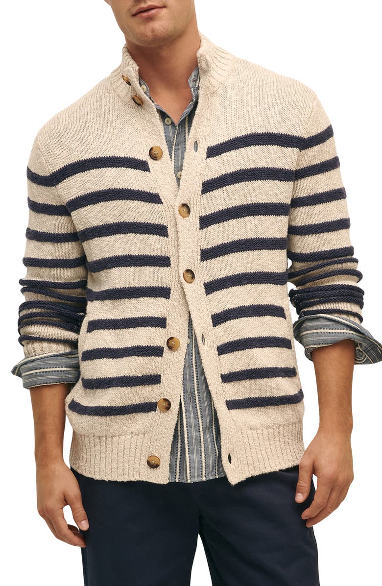 Brooks Brothers Stripe Cotton & Linen Cardigan, Main, color, Oat/ Navy
