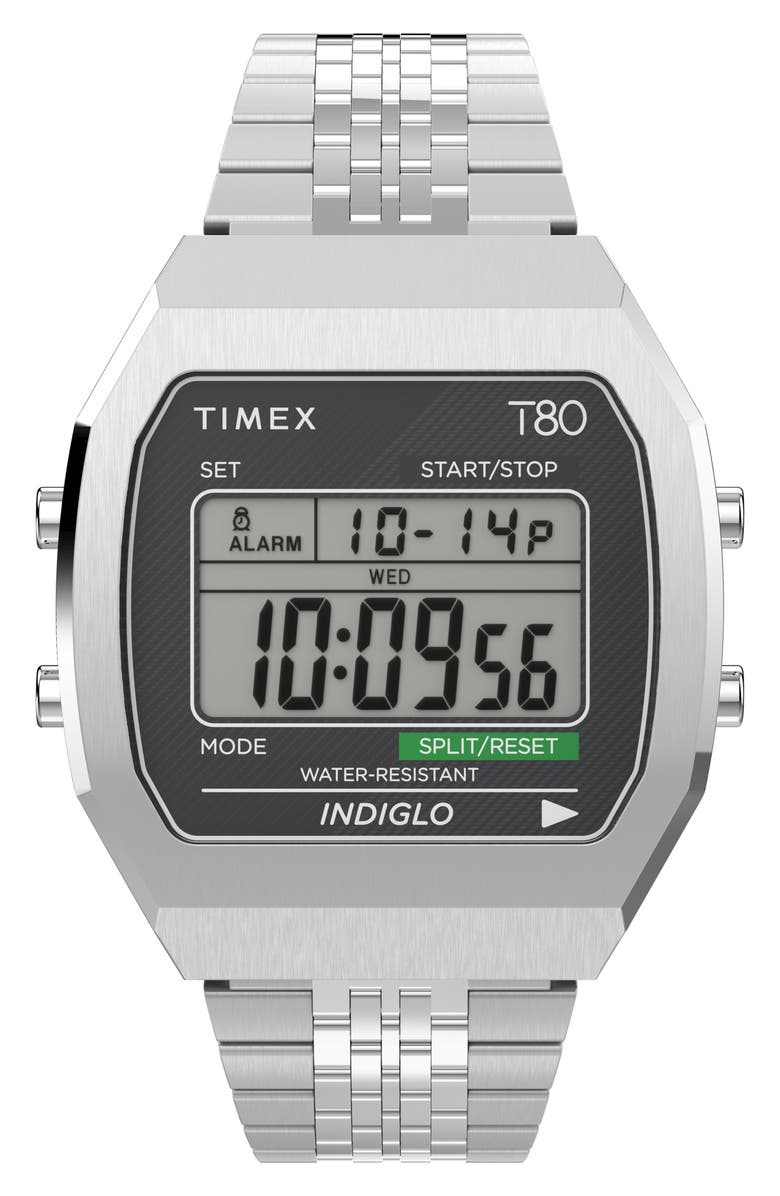 Timex<sup>®</sup> T80 Digital Chronograph Bracelet Watch, 36.5mm, Main, color, Silver