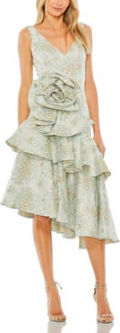 Mac Duggal Rose Detail Asymmetrical Brocade Dress