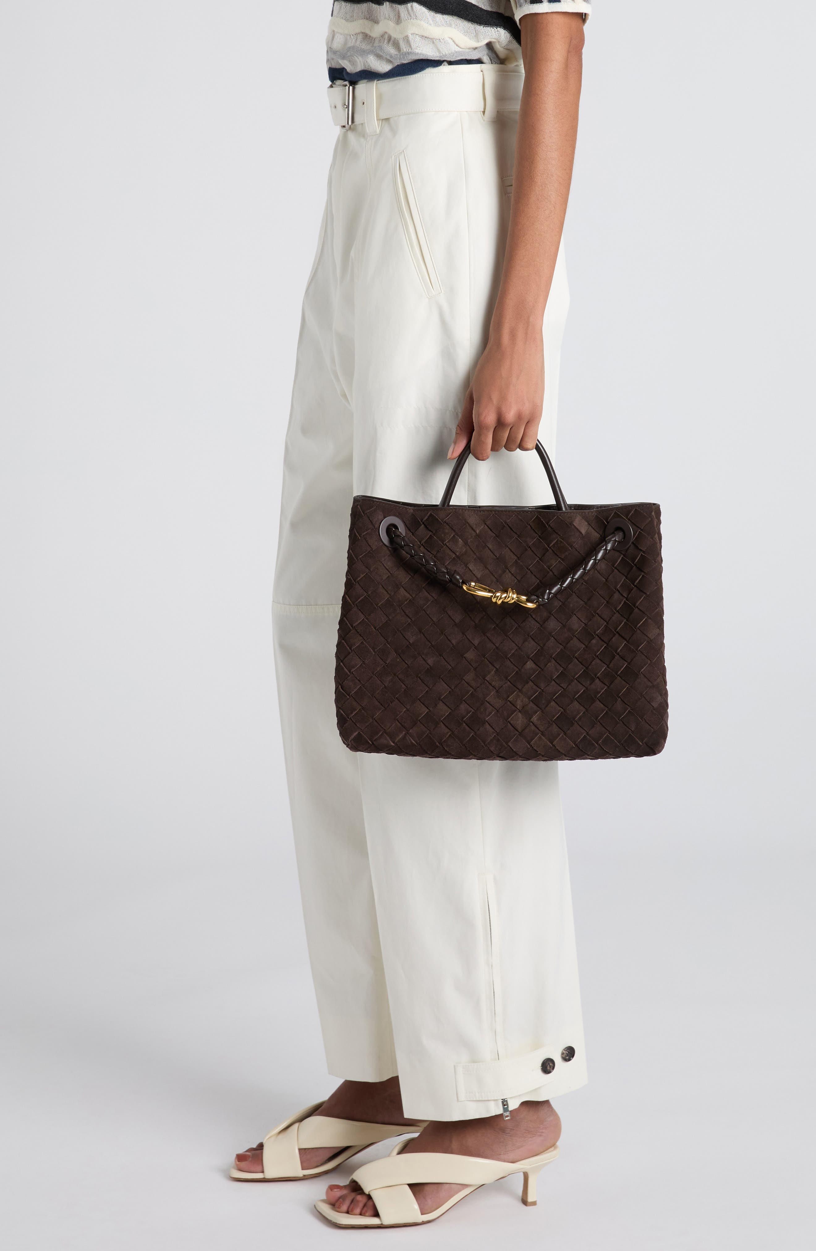 Bottega Veneta Medium Andiamo Intrecciato Suede Shoulder Bag, Alternate, color, Fondant