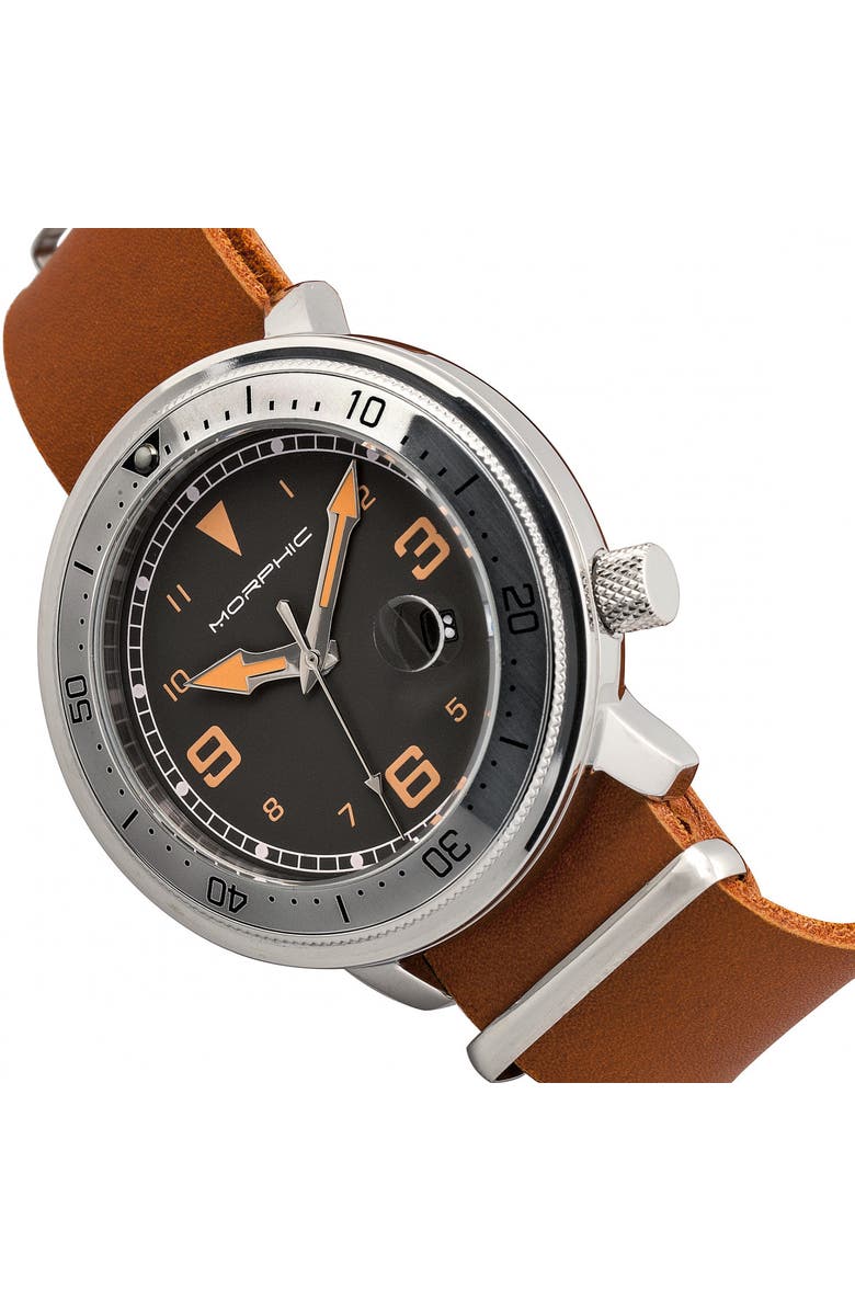 Morphic M74 Series Leather-Band Watch w/Magnified Date Display, Alternate, color, Camel/Grey/Brown