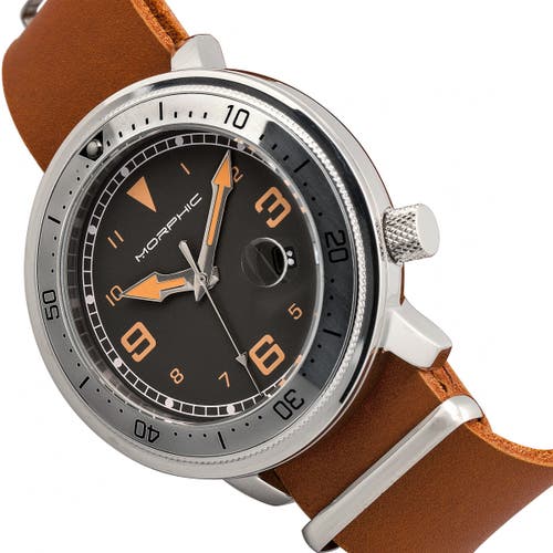 Morphic M74 Series Leather-band Watch W/magnified Date Display In Camel/grey/brown
