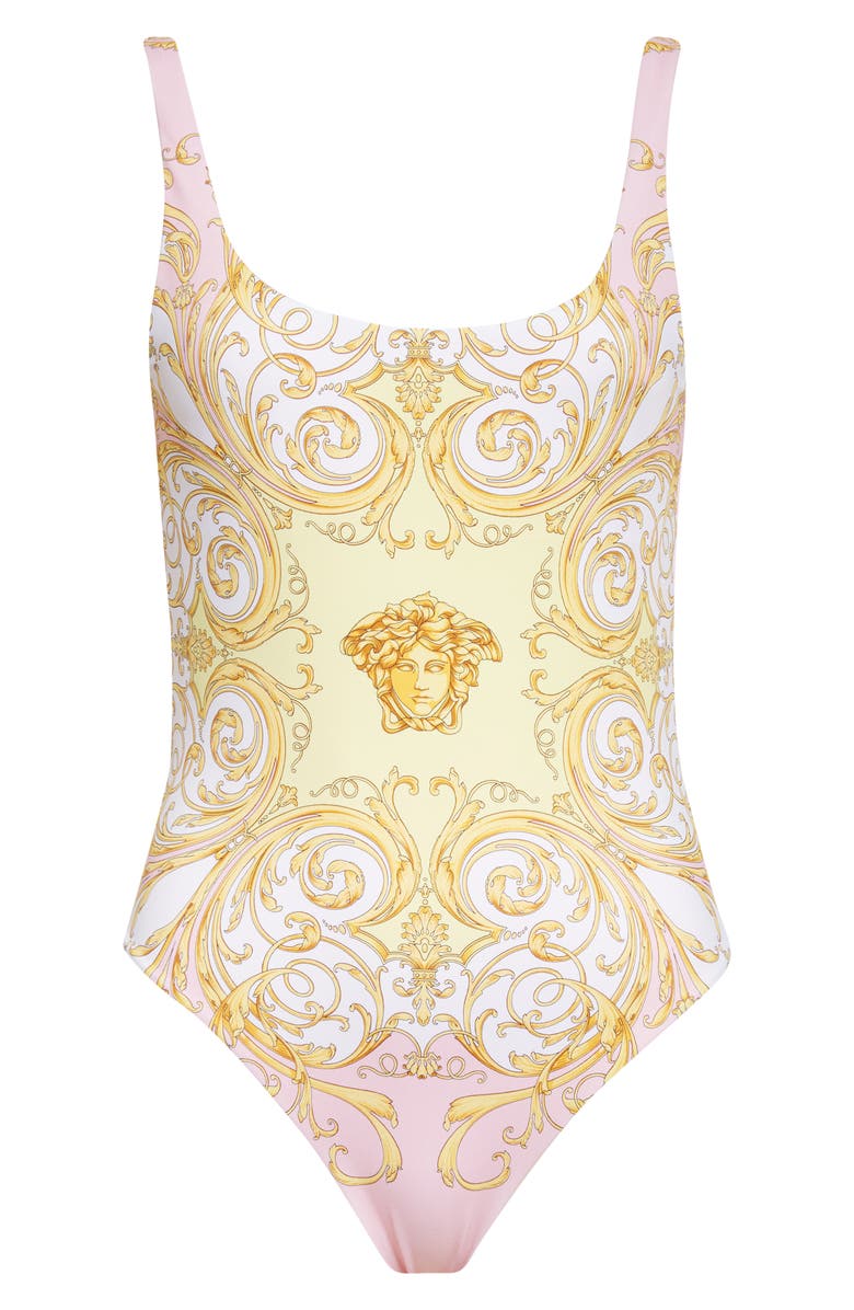 Versace Medusa Barocco Print One-Piece Swimsuit, Main, color, Pale Yellow Rose Quartz
