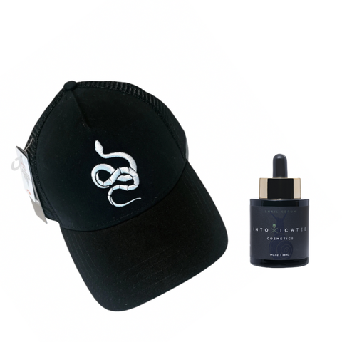 Snail Serum + Intoxicated Cosmetics Hat Bundle | 1 fl oz/ 30 ml | Anti-Aging Formula with Vegan Snake Peptides | Hydrating Hyaluronic Acid | Niacinamide for Radiant Skin Repair