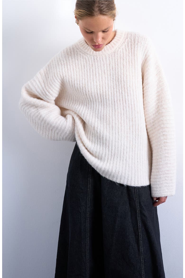 Balloon Sleeve Crewneck Rib Sweater, Main, color, IVORY