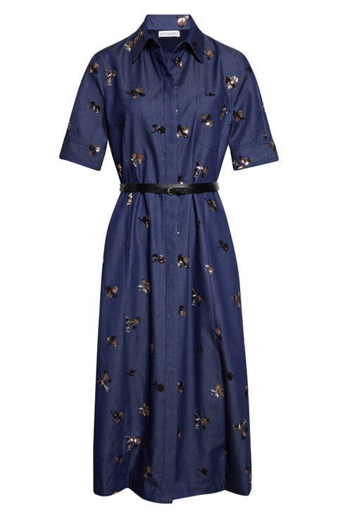 Kieran Embellished Belted Denim Shirtdress