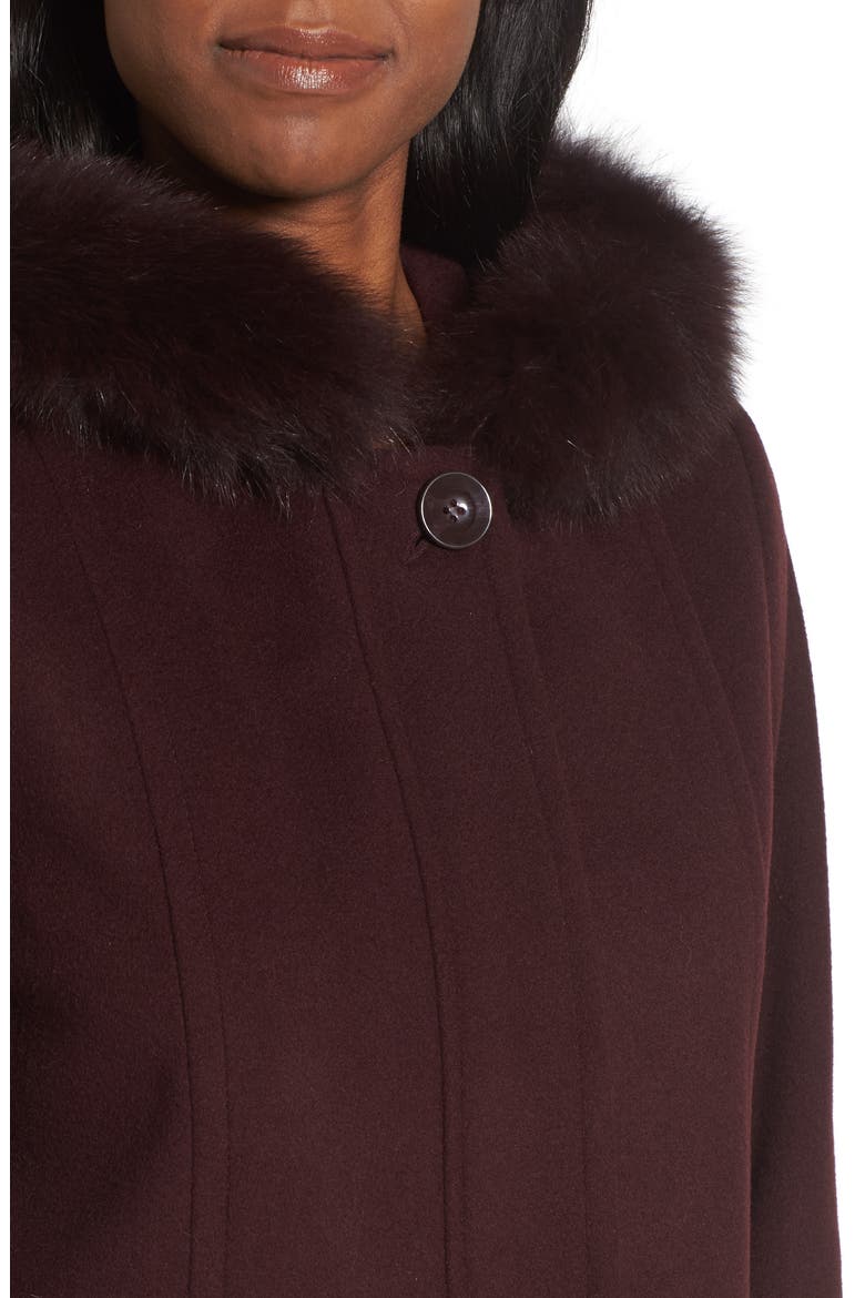 Hooded Wool Blend Coat with Genuine Fox Fur Trim, Alternate, color, BURGUNDY
