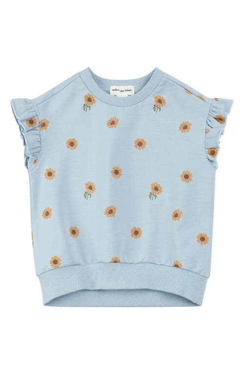 Miles The Label Kids' Sunflower Print Ruffle Shoulder French Terry Top In Light Blue Sunflower Print