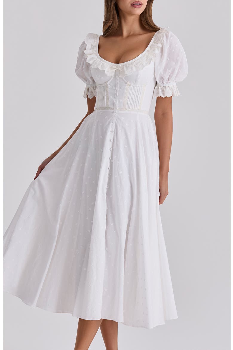 Bella Puff Sleeve Broderie Anglaise Cotton Midi Dress, Alternate, color, WHITE