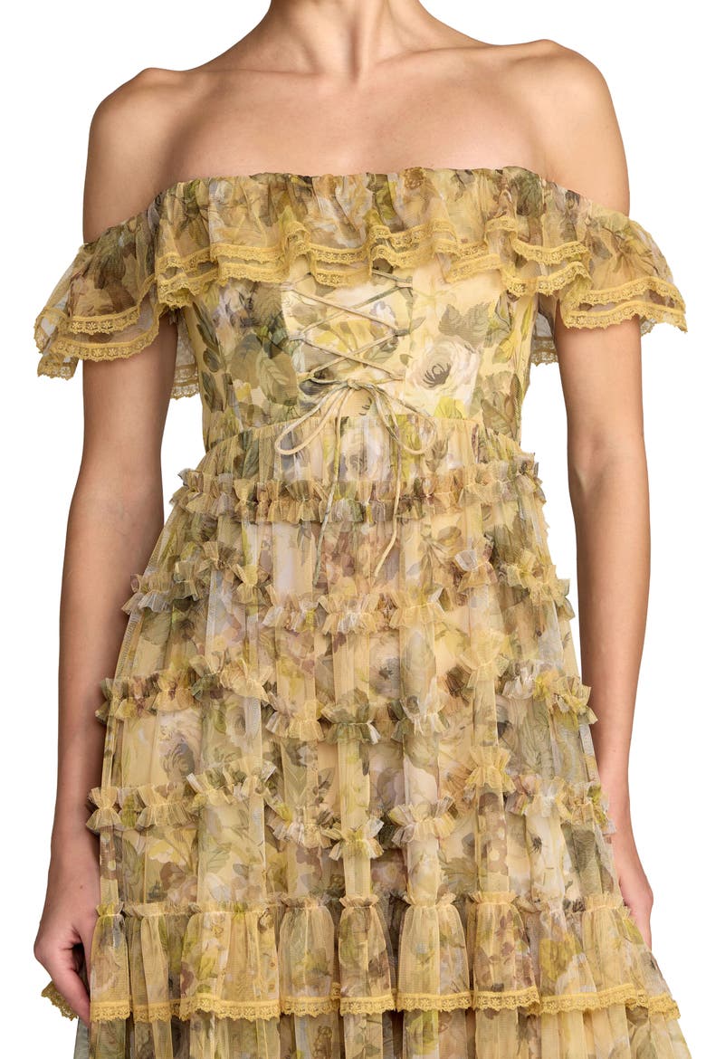 Floral Print Off-the-Shoulder Ruffle Tiered Mesh Gown, Alternate, color, Buttercream
