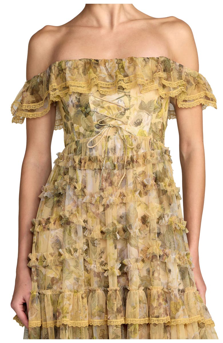 Mac Duggal Floral Print Off-the-Shoulder Ruffle Tiered Mesh Gown, Alternate, color, Buttercream