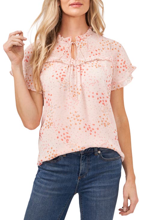 Floral Split Neck Ruffle Top