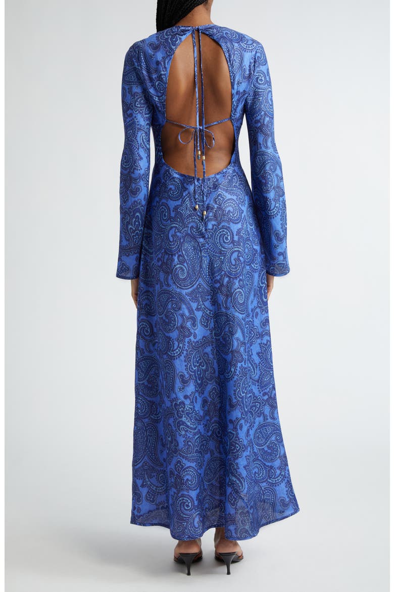 Ottie Paisley Long Sleeve Open Back Linen Maxi Dress, Alternate, color, BLUE PAISLEY