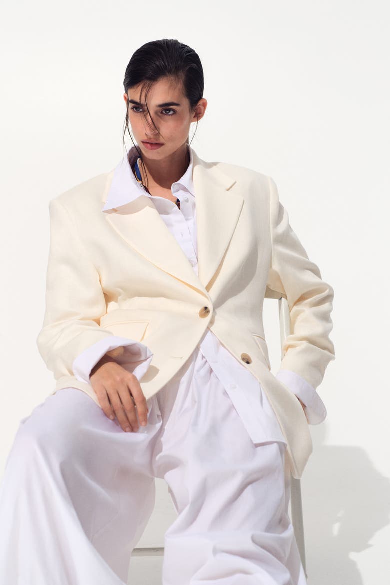 Single-breasted Linen-blend Blazer, Alternate, color, Cream