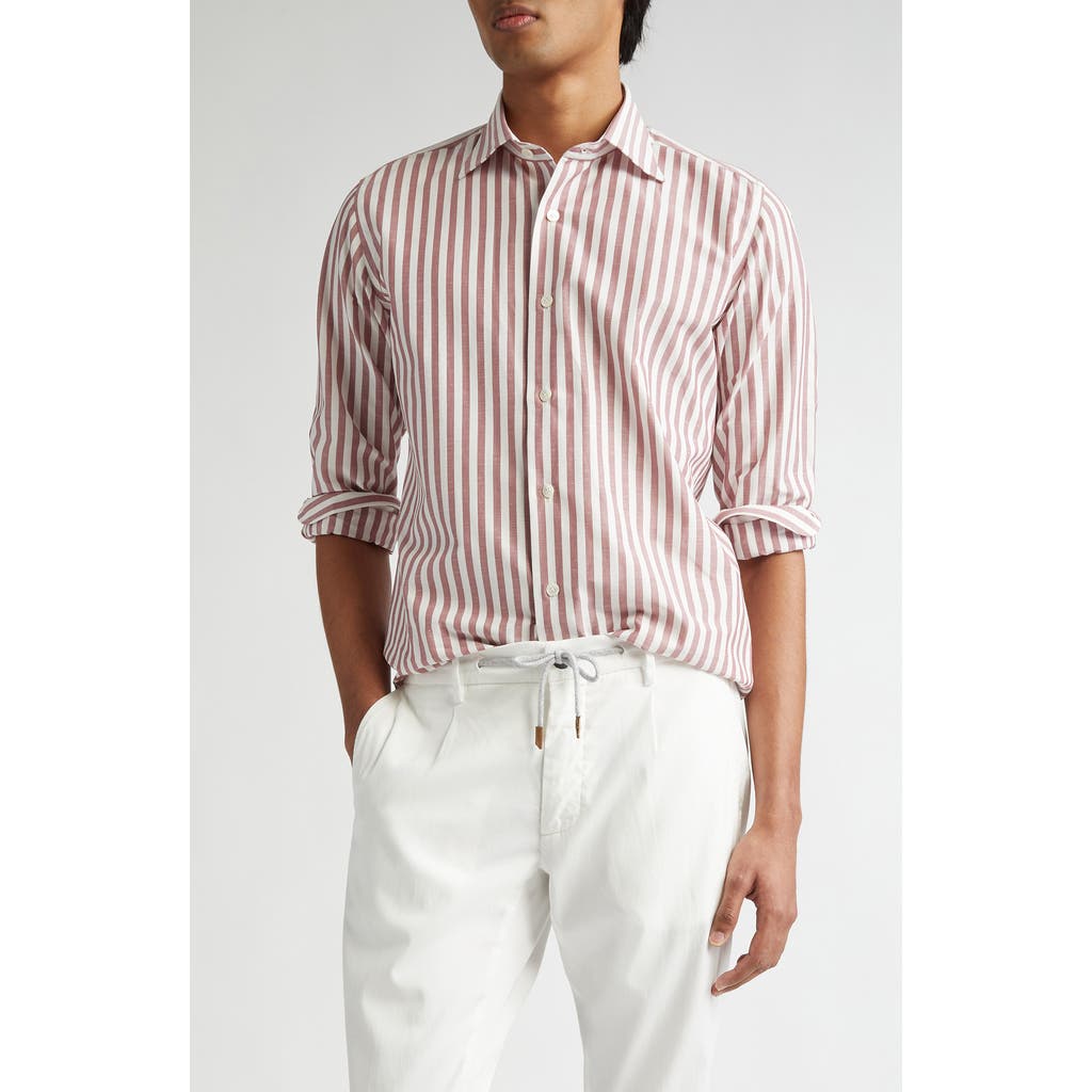Eleventy Stripe Cotton & Linen Button-up Shirt In Berry