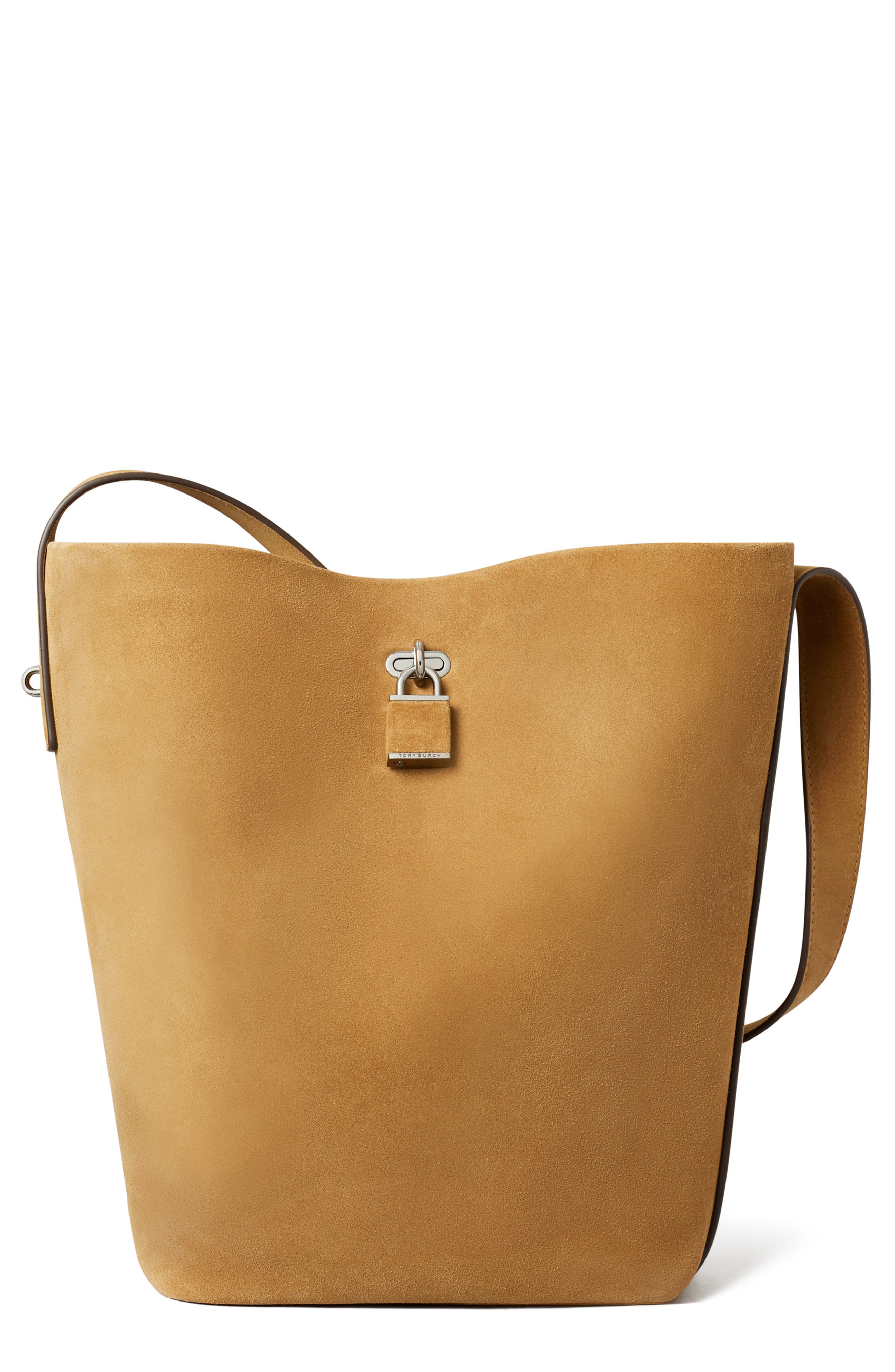 Tory Burch Slim Lock Suede Bucket Bag, Main, color, Toffee