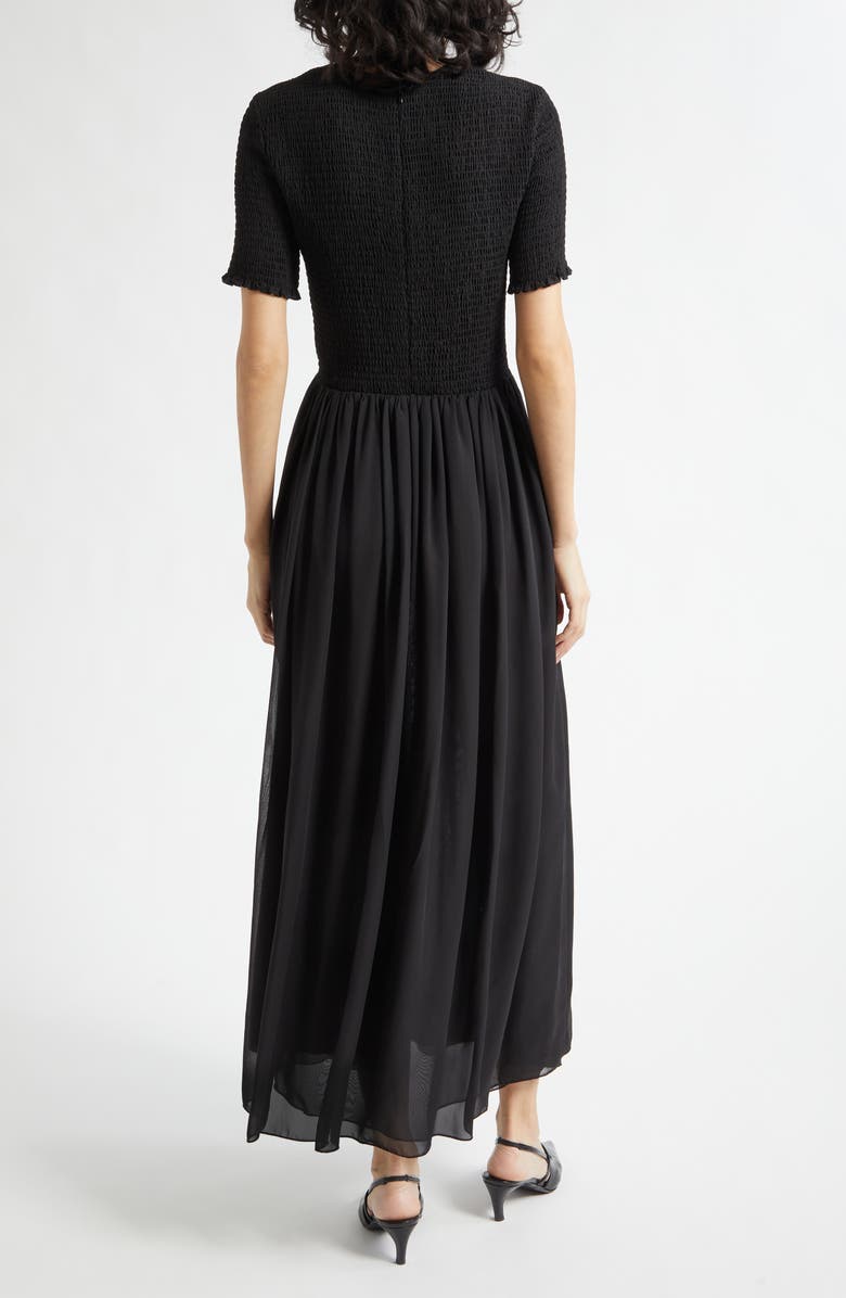 Emporio Armani Black Techno Smocked Bodice Georgette Maxi Dress, Alternate, color, Solid Black