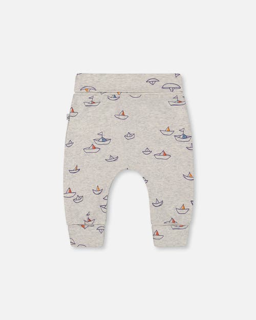 Deux Par Deux Baby Boy's Printed Organic Cotton Evolutive Pant Little Paper Boat In Heather Grey Little Paper Boat