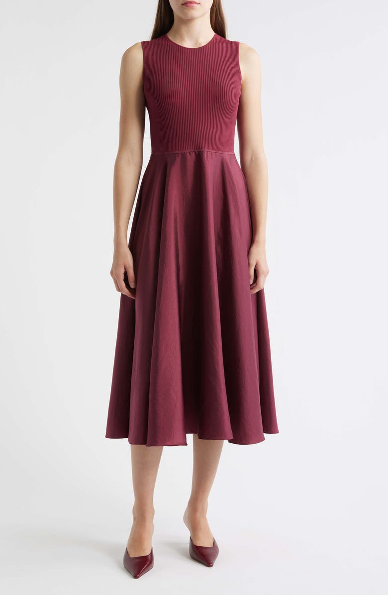 Theory Sleeveless Mixed Media Midi Dress, Main, color, Berry