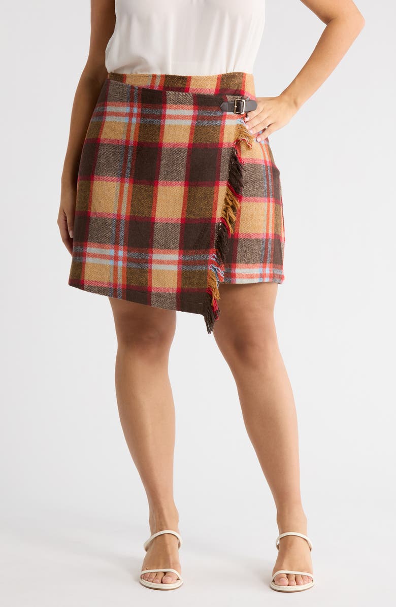 SUGARLIPS Plaid Faux Wrap Miniskirt, Main, color, Brownmulti