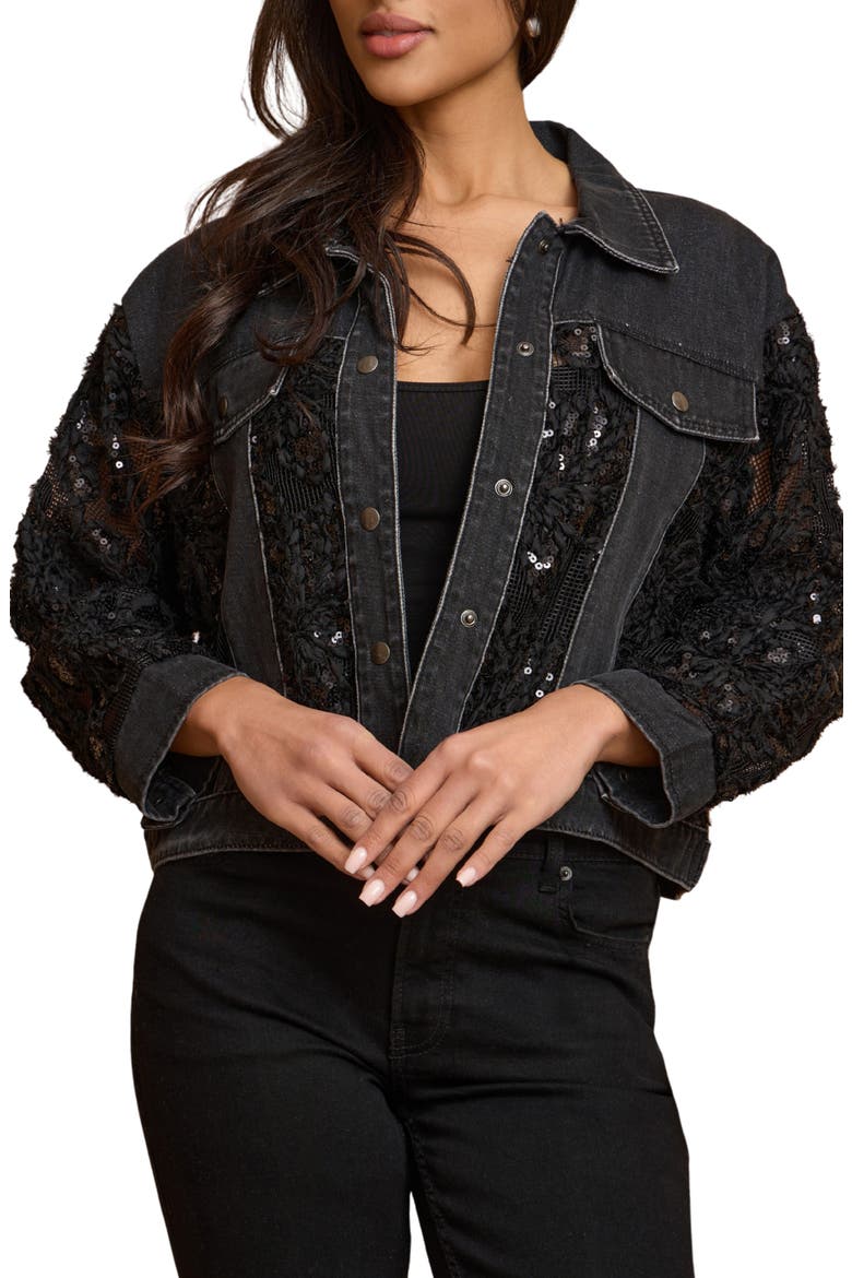 Lace Trim Denim Trucker Jacket, Main, color, BLACK