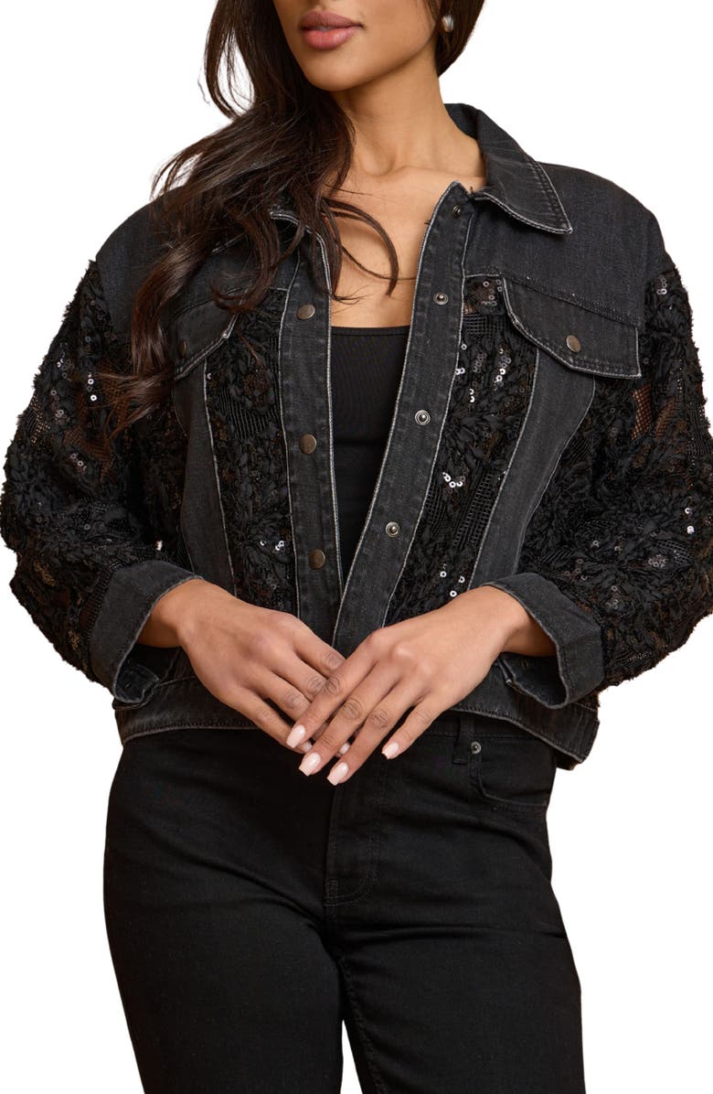 SAACHI Lace Trim Denim Trucker Jacket, Main, color, Black