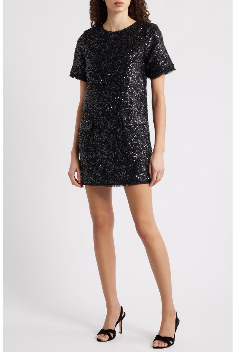 Sequin Bouclé Shift Minidress, Main, color, BLACK