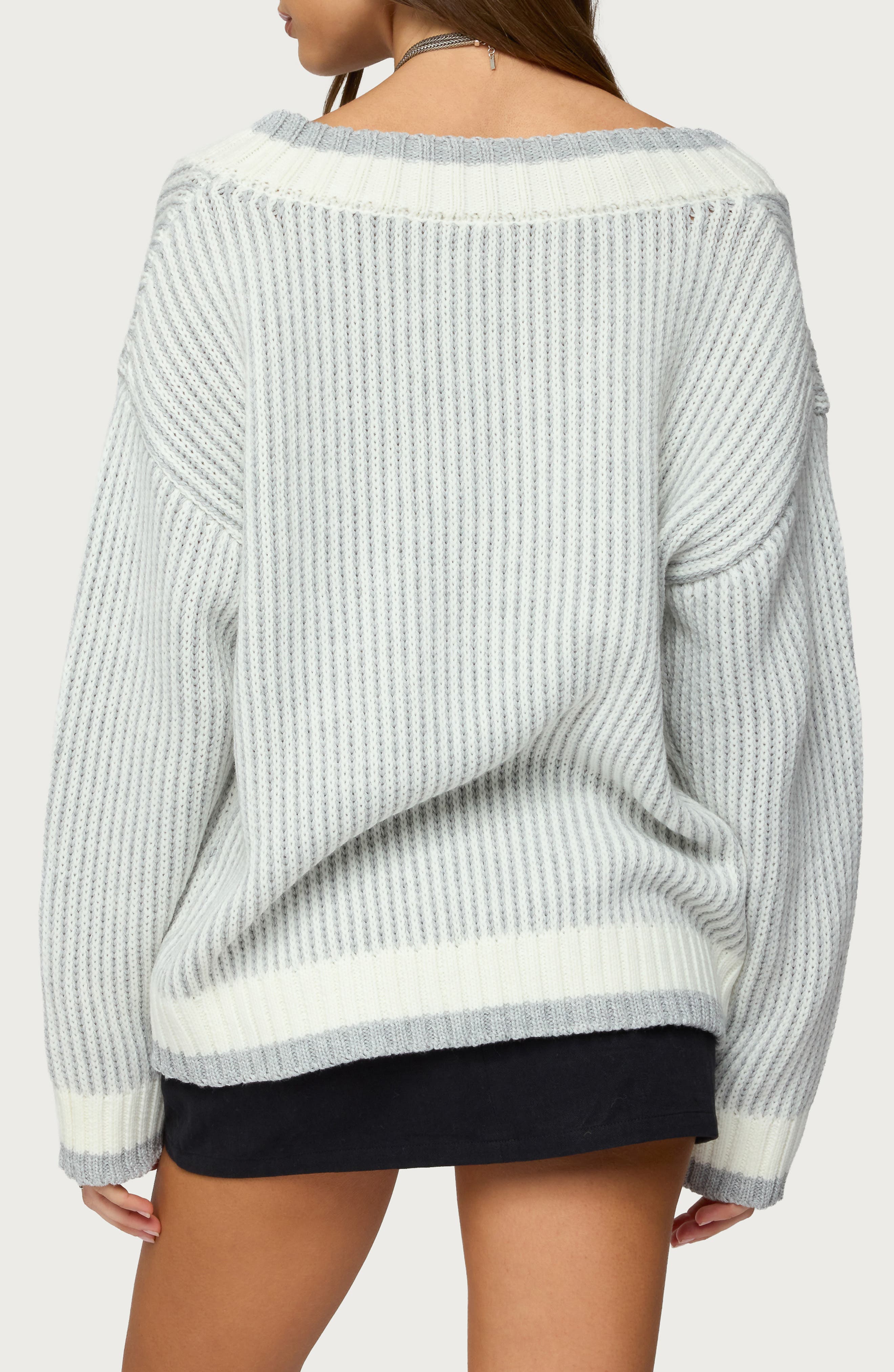 Lila Oversize Stripe Trim V-Neck Cable Sweater - image 2
